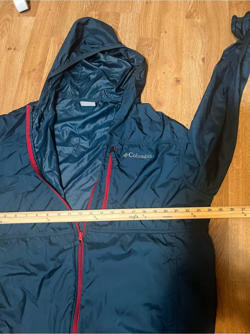 Columbia Navy Hooded Windbreaker with Red Zippers